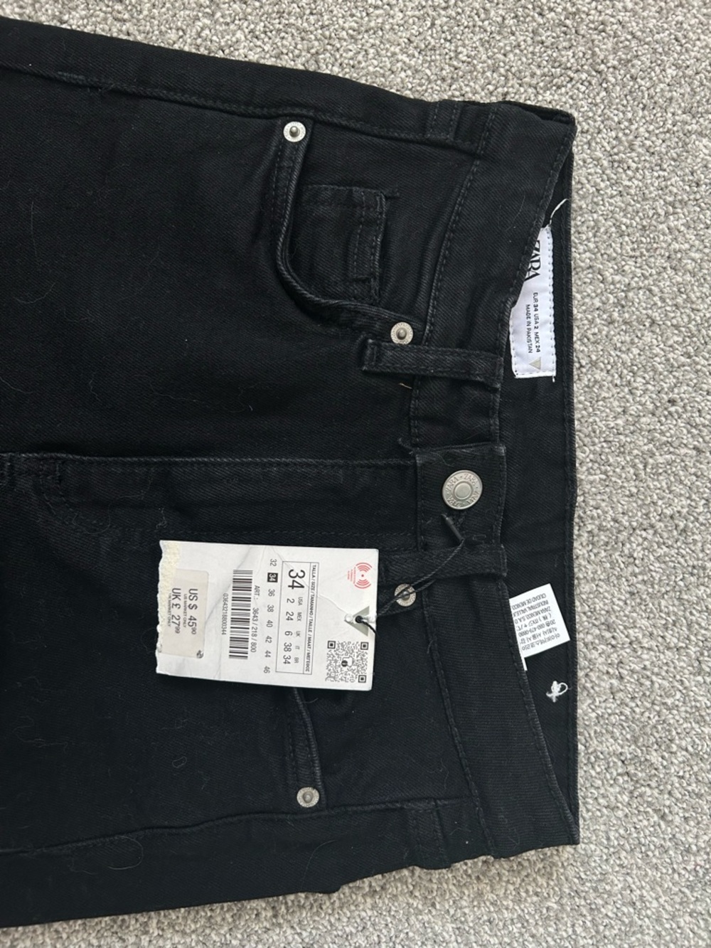ZARA Black High-Rise Straight Jeans with Raw Hem, Size 2 - Picture 3 of 4